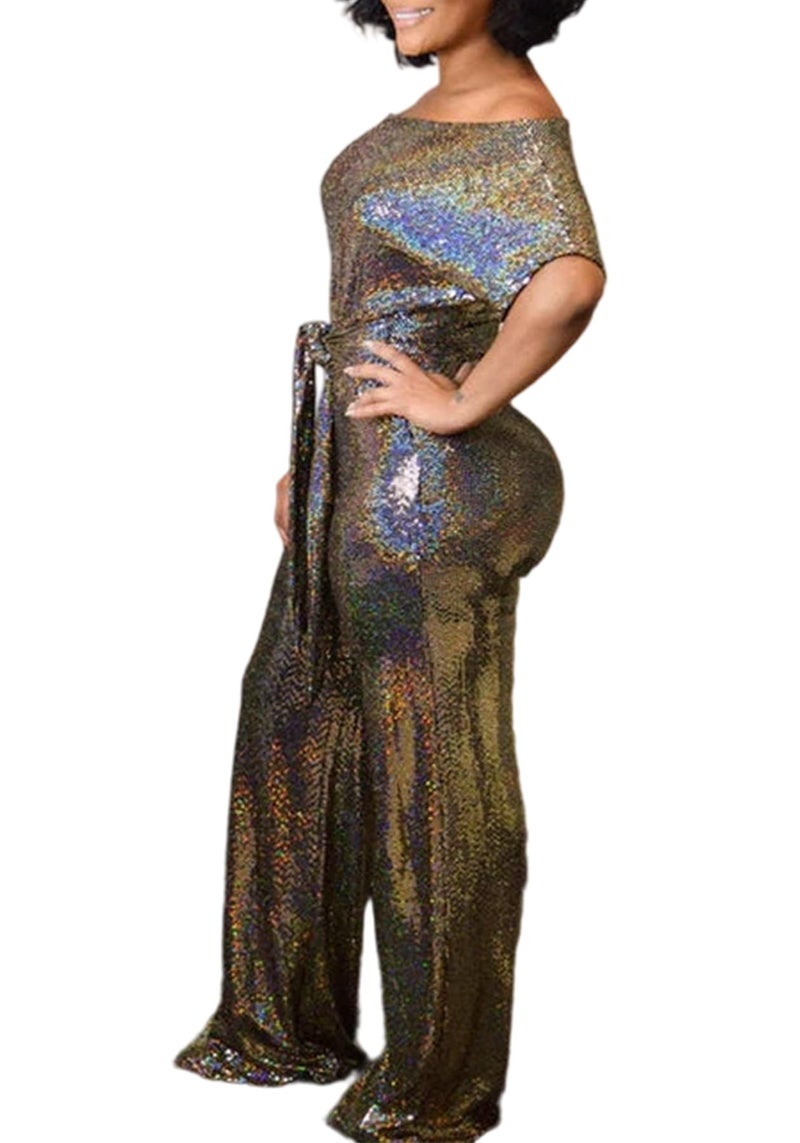 LKOUS Women's Off Shoulder Sequin Jumpsuit Sparkly Short Sleeve High Waisted Wide Leg Romper Beach Vacation Outfits - Image 3